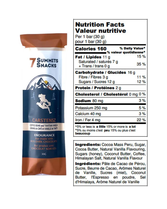 7 Summits Snacks Endurance Bar carstensz coffee beans and tahitian vanilla