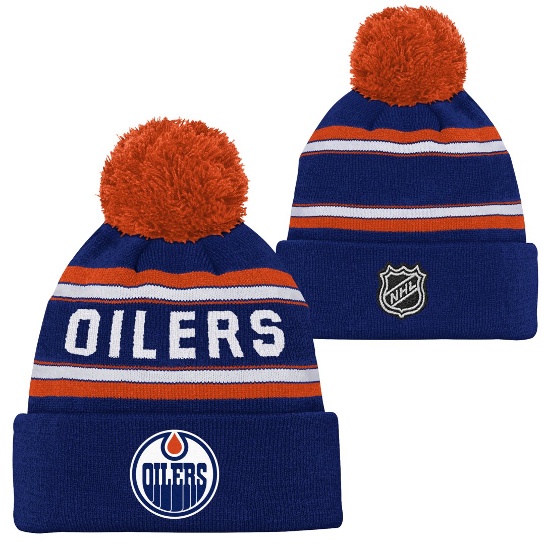 Shop NHL Branded Kids Edmonton Oilers Jacquard Cuffed Pom Knit Royal Edmonton Canada Store