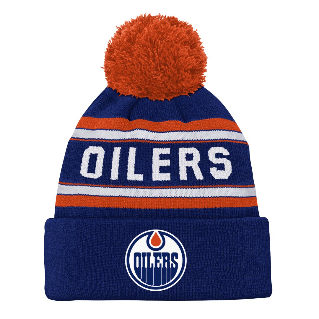 Shop NHL Branded Kids Edmonton Oilers Jacquard Cuffed Pom Knit Royal Edmonton Canada Store