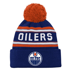 Shop NHL Branded Kids Edmonton Oilers Jacquard Cuffed Pom Knit Royal Edmonton Canada Store