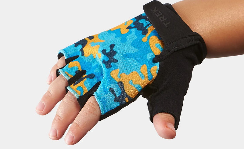 Trek Kids' Unisex Half Finger Bike Glove Blue Gold Camo