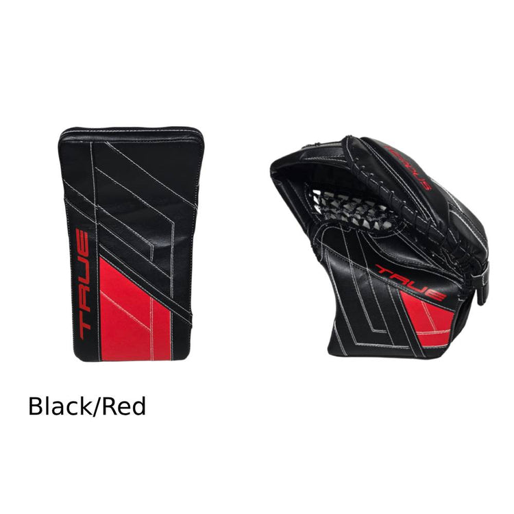 True Senior HZRDUS PX4 Hockey Goalie Blocker + Trapper Black/Red