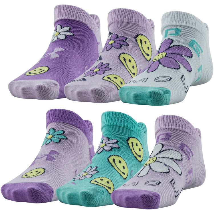 Under Armour Girls Essential No Show Sock 6-Pack  Purple/Green