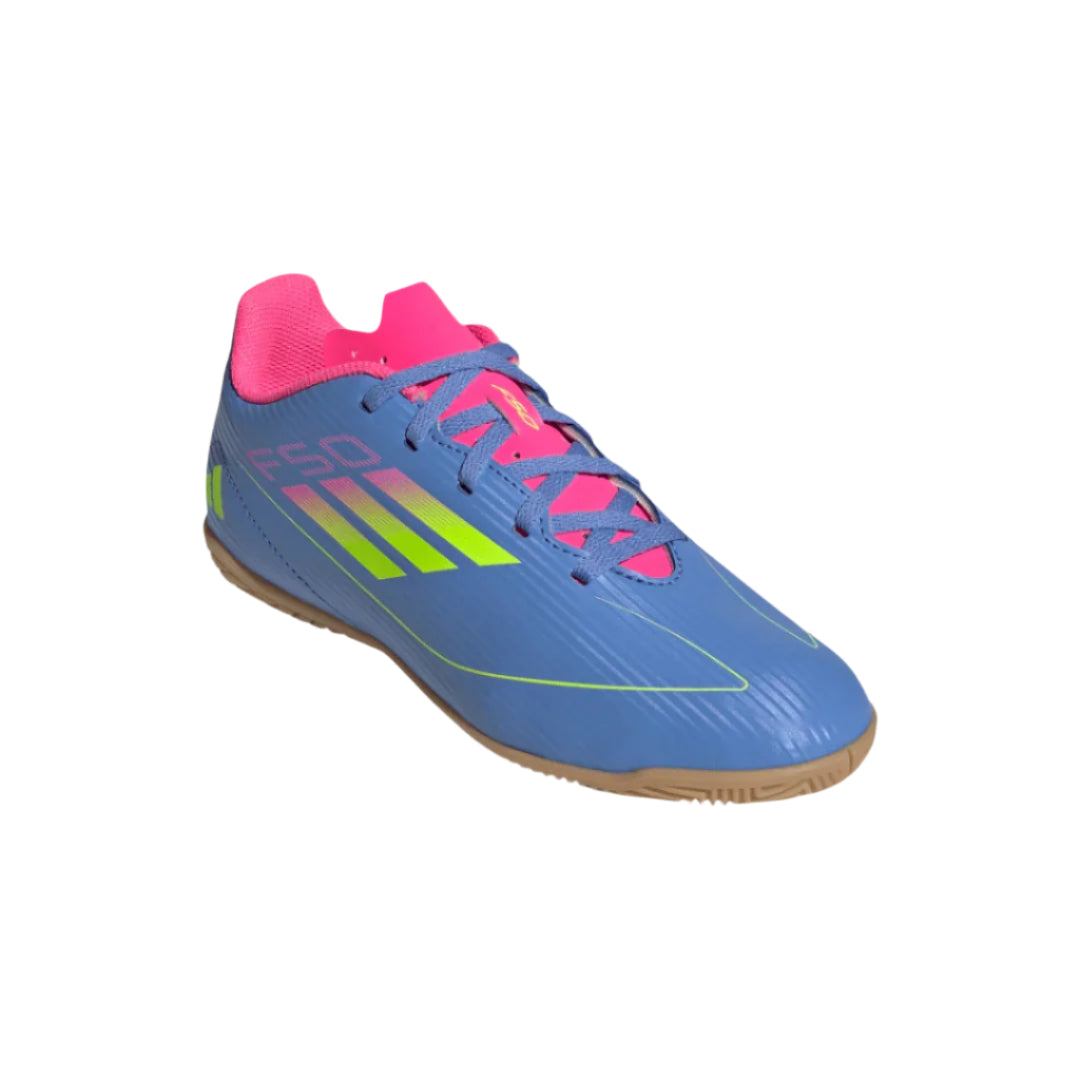 adidas Junior F50 Club Indoor Soccer Shoes blue yellow pink