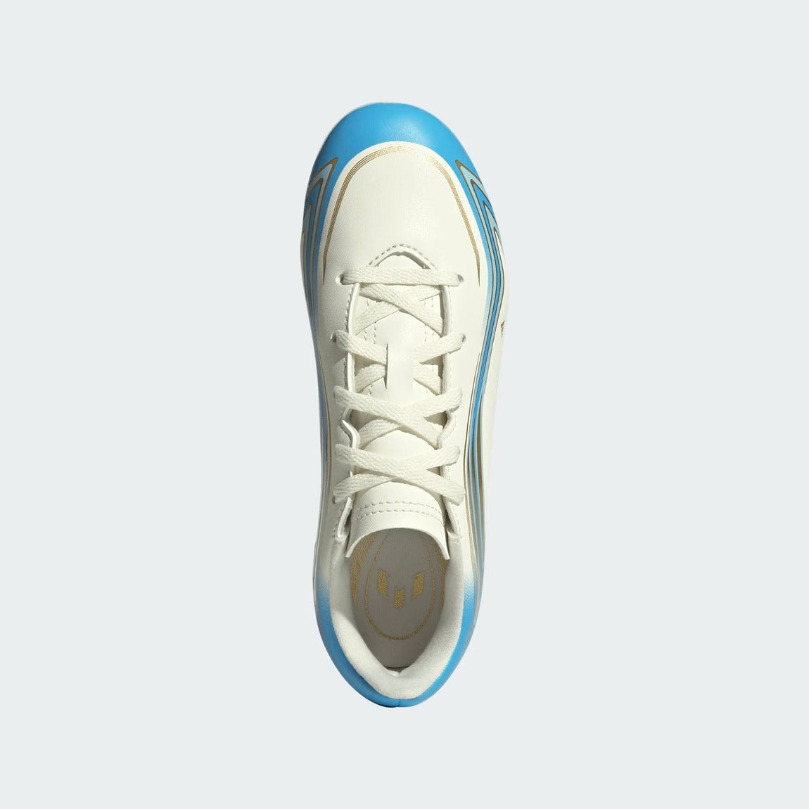 adidas Junior F50 Messi Club FG/MG Soccer Cleats ivory/blue/gold