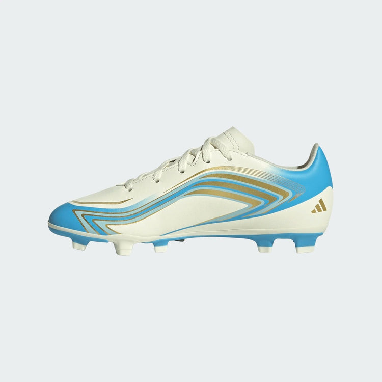 adidas Junior F50 Messi Club FG/MG Soccer Cleats ivory/blue/gold