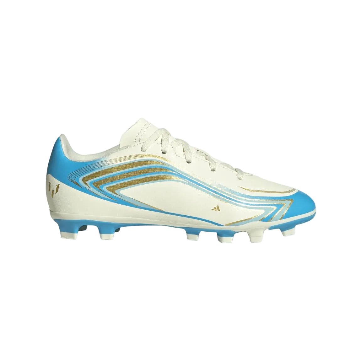 adidas Junior F50 Messi Club FG/MG Soccer Cleats ivory/blue/gold