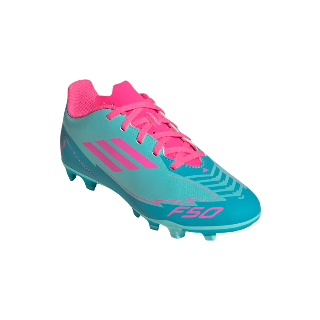 adidas Junior F50 Messi IH0932 Club FG Soccer Cleats aqua pink cyan blue