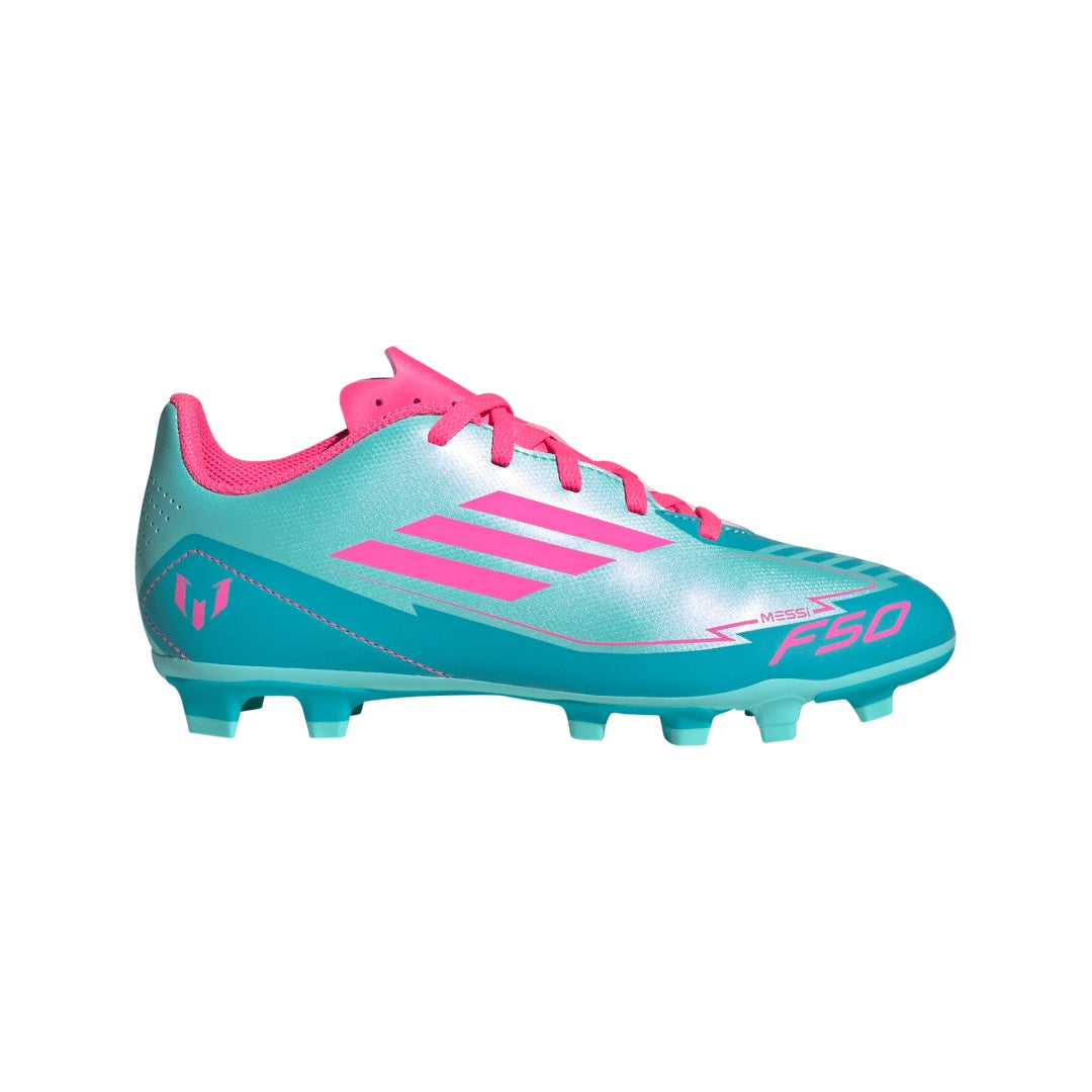 adidas Junior F50 Messi IH0932 Club FG Soccer Cleats aqua pink cyan blue