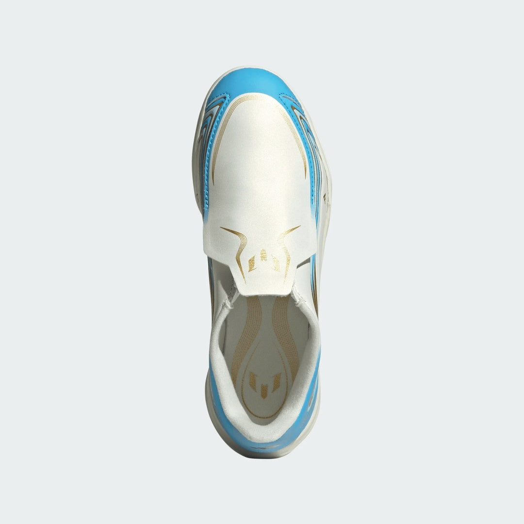 adidas Junior F50 Messi League Indoor Soccer Shoes Ivory/Blue/Gold