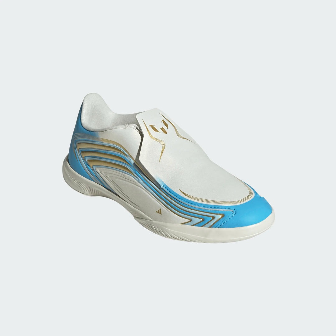 adidas Junior F50 Messi League Indoor Soccer Shoes Ivory/Blue/Gold