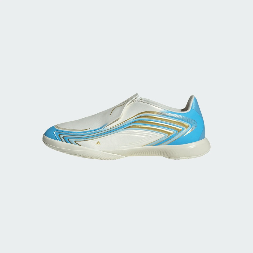 adidas Junior F50 Messi League Indoor Soccer Shoes Ivory/Blue/Gold