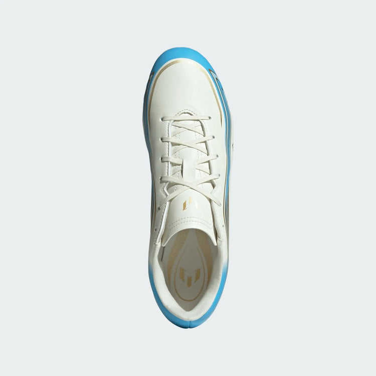 adidas Senior F50 Messi Club FG/MG Soccer Cleats ivory/blue/gold