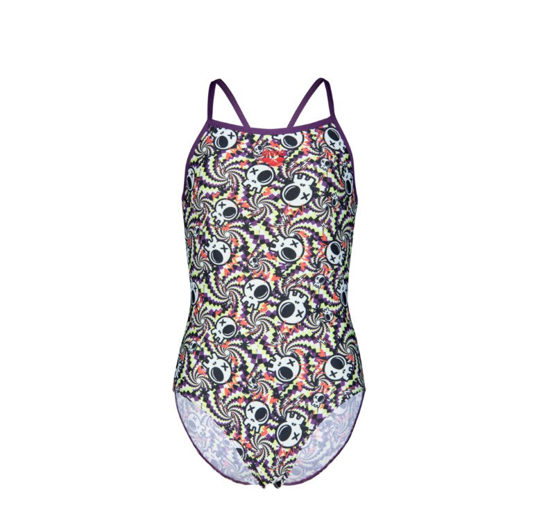 arena Girl's Fun Skulls Lightdrop Back One Piece Swimsuit Multi Black/Plum