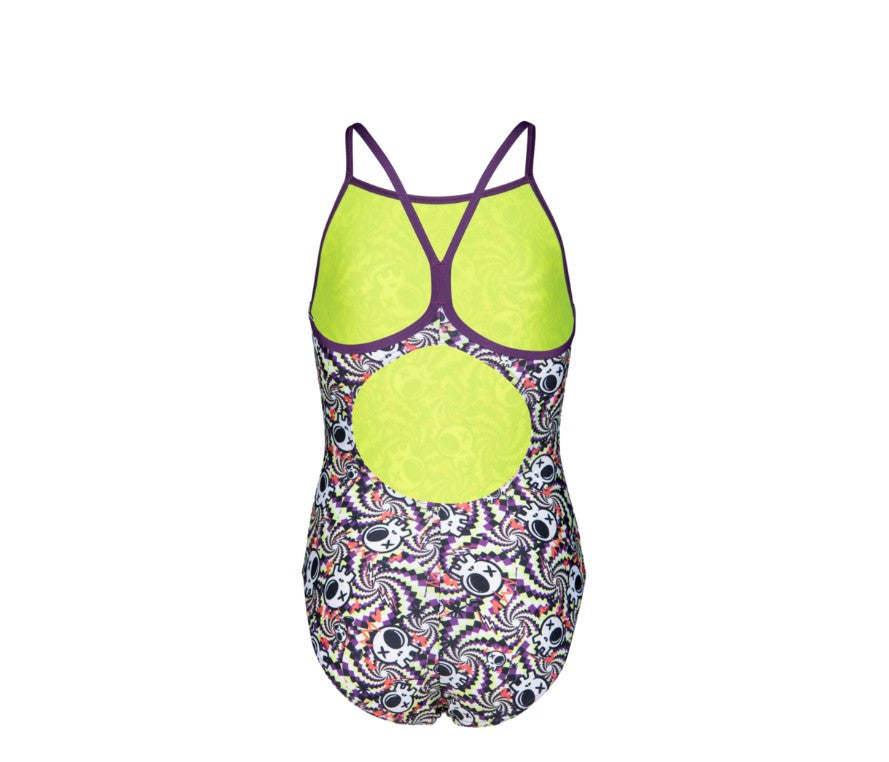 arena Girl's Fun Skulls Lightdrop Back One Piece Swimsuit Multi Black/Plum