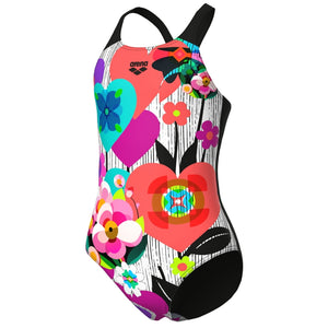 arena Girl's Roses V-Back One Piece Swimsuit white pink black blue