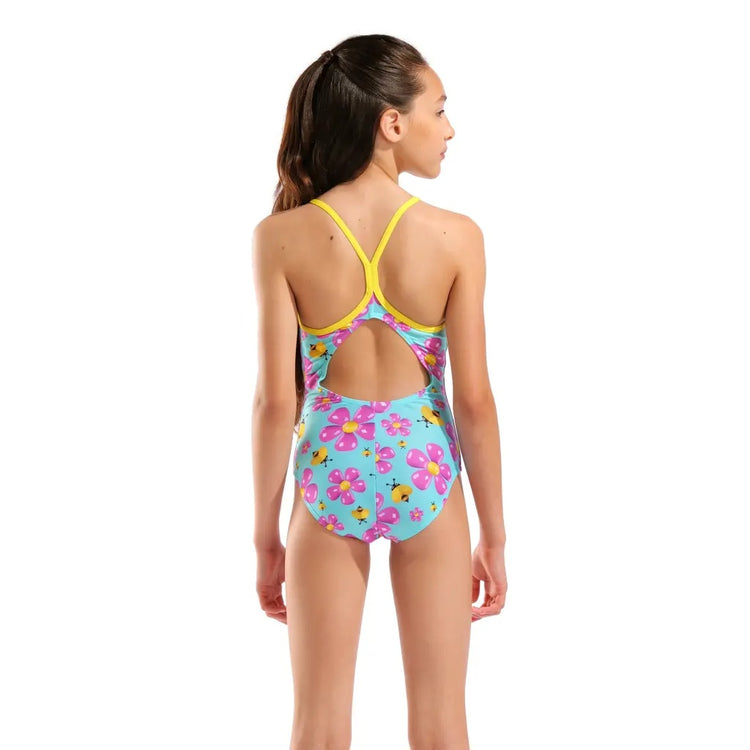 arena Girl's Spring Lightdrop Back One Piece Swimsuit water/ multi yellow
