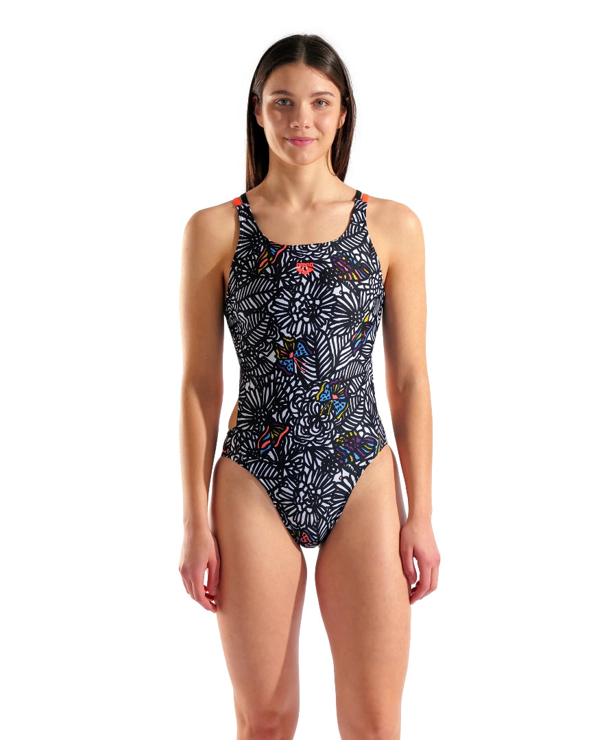arena Women's Colors Book Swim Tech Back One Piece Swimsuit Multi Black/Black/Bright Coral white