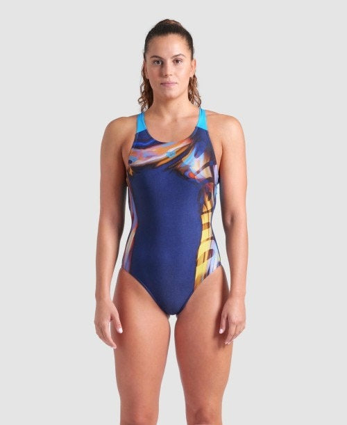 arena Women's Dreamline V Back One Piece Swimsuit Navy/Turquoise Multi 