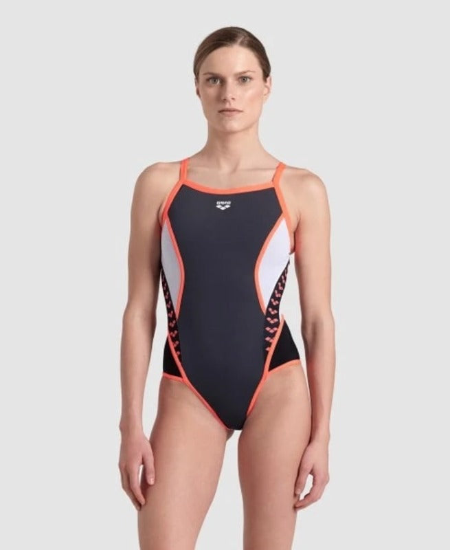 arena Women's Icons Super Fly Back Panel One Piece Swimsuit Asphalt/Black/White/Bright Coral