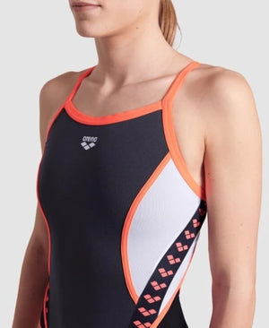 arena Women's Icons Super Fly Back Panel One Piece Swimsuit Asphalt/Black/White/Bright Coral
