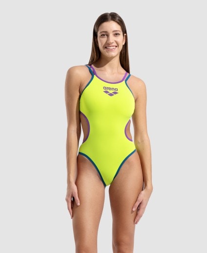 arena Women's One Double Cross Back One Piece Swimsuit Artic Lime/Blue Cosmo/Plum