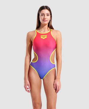 arena Women's One Shaded Print Tech One Back One Piece Swimsuit Bright Coral Royal Multi/Soft Green