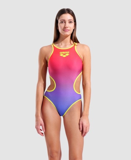 arena Women's One Shaded Print Tech One Back One Piece Swimsuit Bright Coral Royal Multi/Soft Green