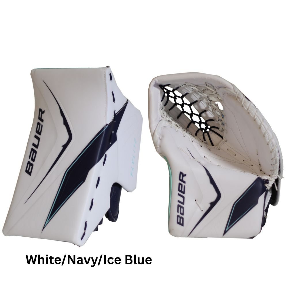 Bauer Intermediate Vapor FlyLite USC Spec Hockey Goalie Trapper+Blocker White/Navy/Ice Blue