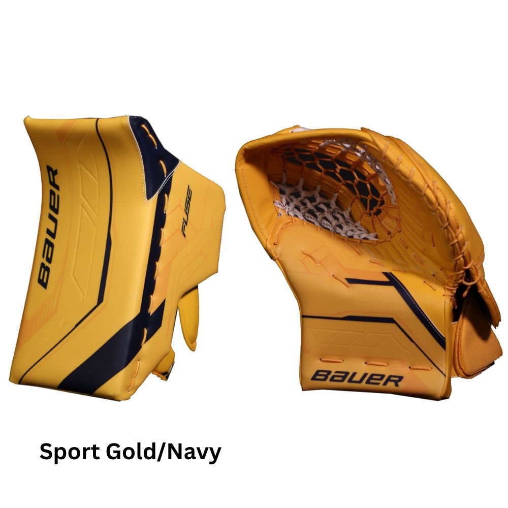 Bauer Senior Supreme Fuse USC Spec Hockey Goalie Trapper+Blocker Sport Gold/Navy