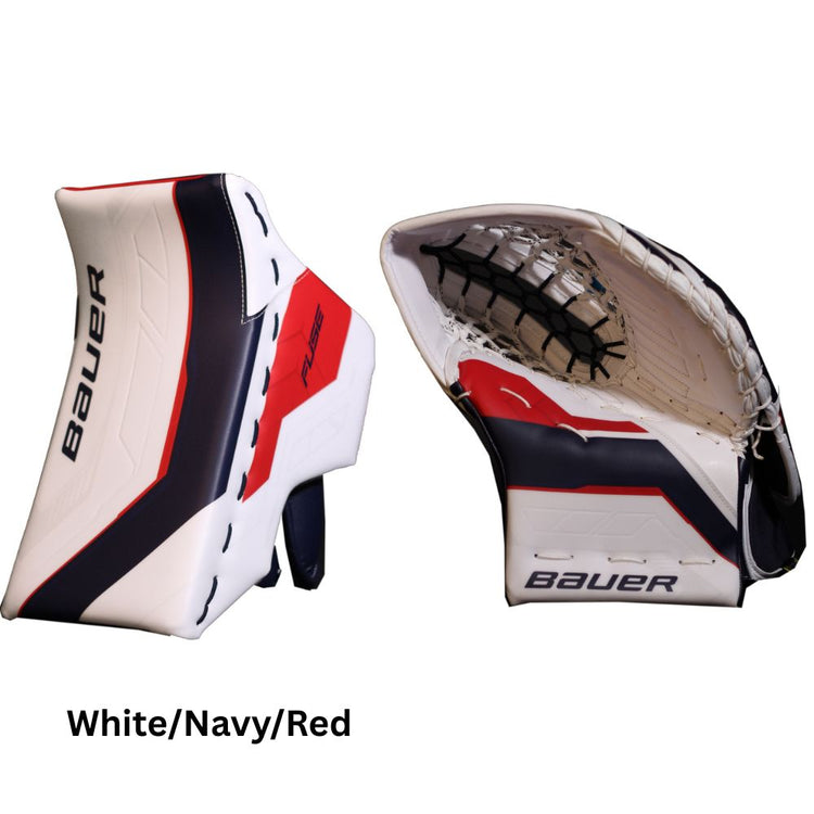 Bauer Senior Supreme Fuse USC Spec Hockey Goalie Trapper+Blocker White/Navy/Red