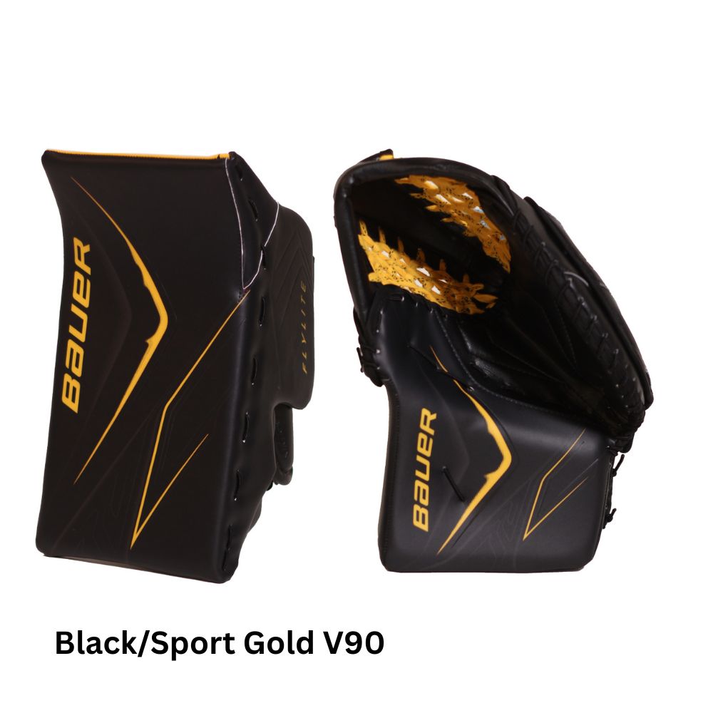 Bauer Senior Vapor Flylite USC Spec Hockey Goalie Blocker+Trapper Black/Sport Gold V90