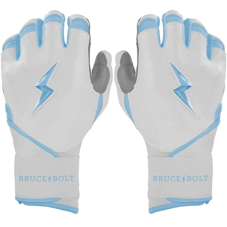 Bruce Bolt Senior Chrome Series Long Cuff Batting Gloves white/ baby blue
