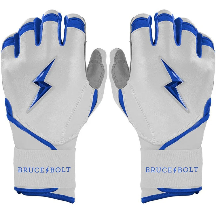 Bruce Bolt Senior Chrome Series Long Cuff Batting Gloves white/ royal