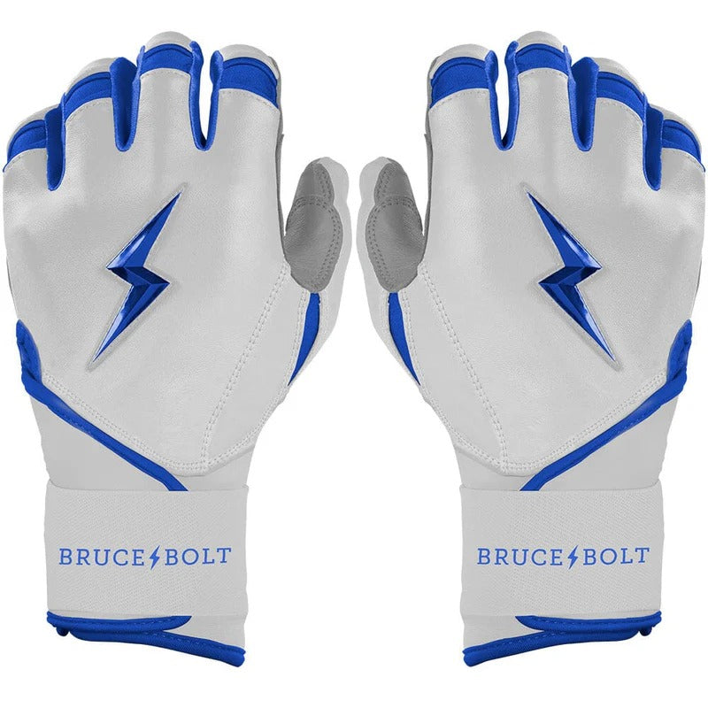 Bruce Bolt Senior Chrome Series Long Cuff Batting Gloves white/ royal
