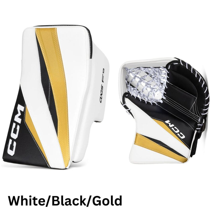 CCM Intermediate Axis F9 Hockey Goalie Trapper+Blocker Set White/Black/Gold