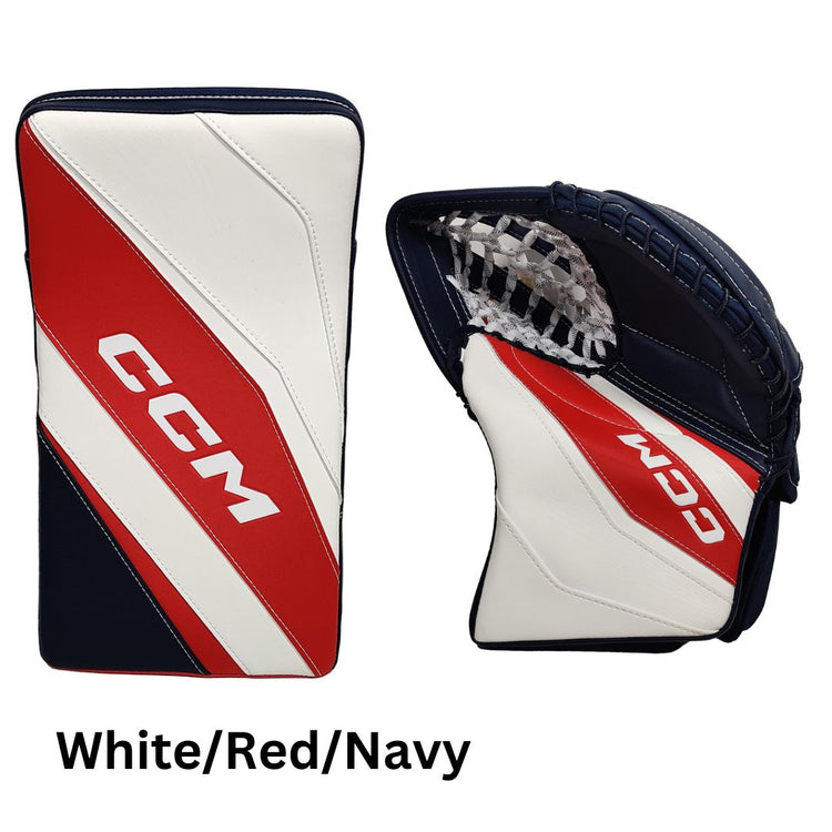 CCM Intermediate EFLEX E6.9 Hockey Goalie Trapper+Blocker Set White/Red/Navy