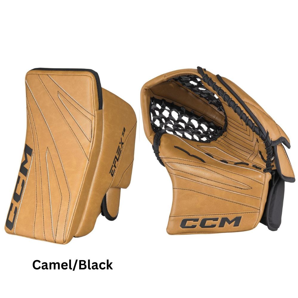 CCM Intermediate EFLEX E7.9 Hockey Goalie Trapper+Blocker Set Camel/Black