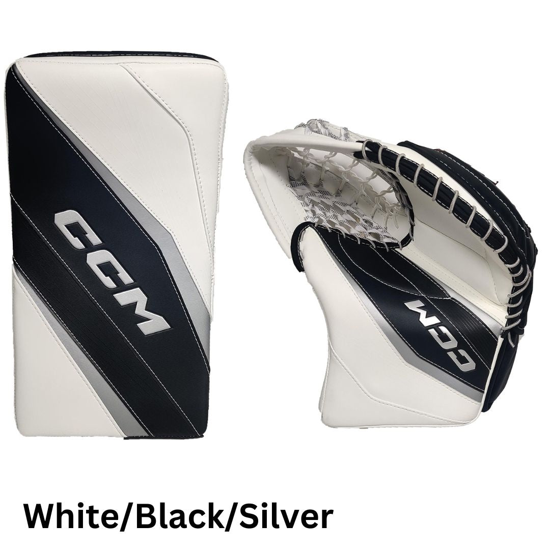 CCM Senior EFLEX 6 Custom Hockey Goalie Trapper+Blocker Set White/Black/Silver