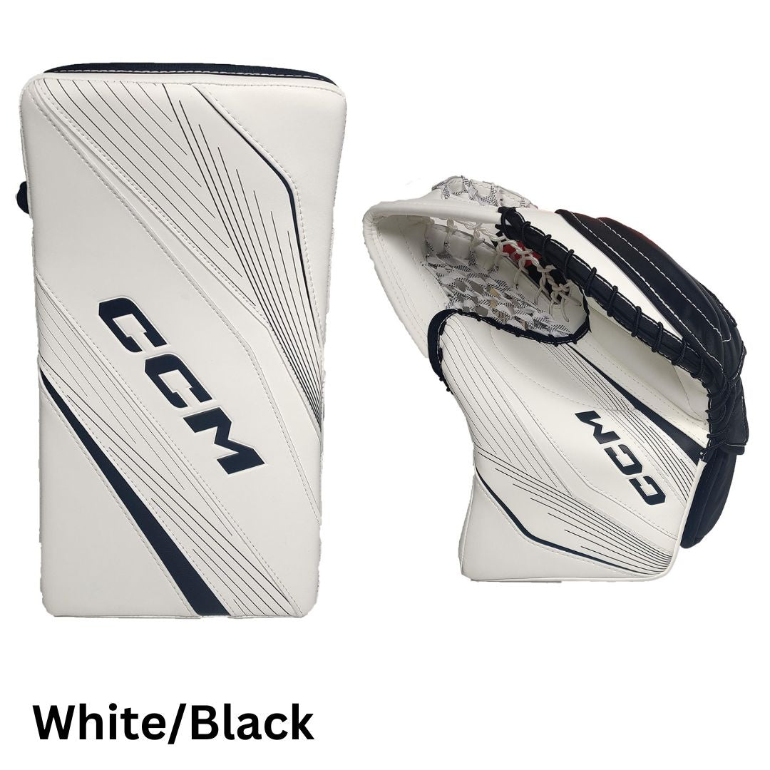 CCM Senior EFLEX 6 Custom Hockey Goalie Trapper+Blocker Set White/Black