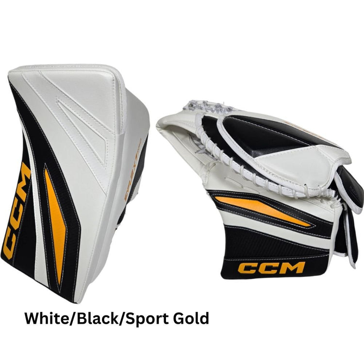 CCM Senior EFLEX 7 Pro Hockey Goalie Trapper+Blocker Set White/Black/Sport Gold