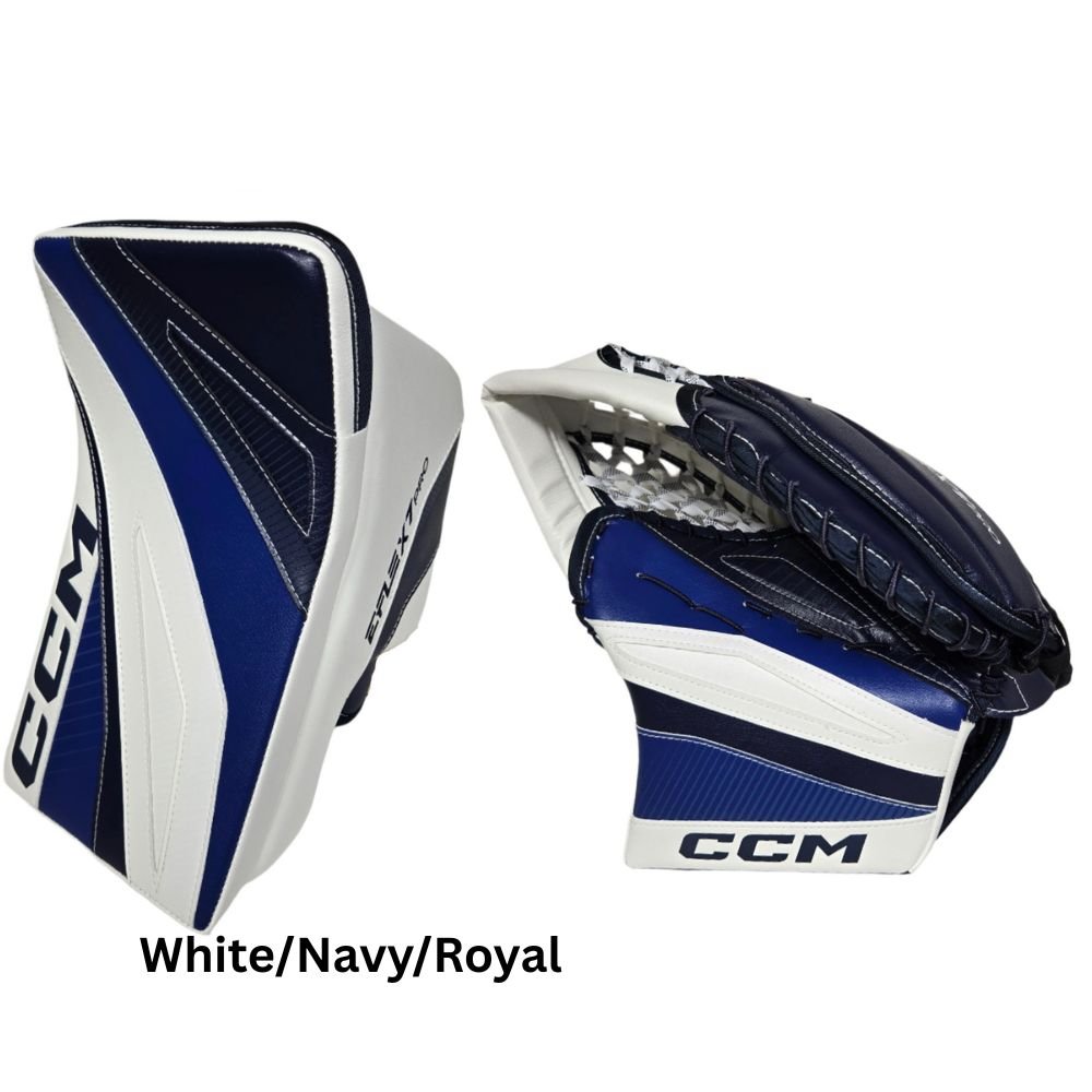 CCM Senior EFLEX 7 Pro Hockey Goalie Trapper+Blocker Set White/Navy/Royal