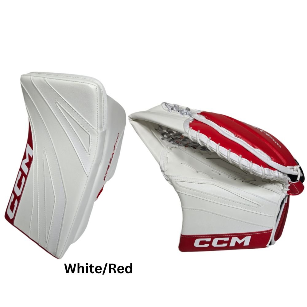 CCM Senior EFLEX 7 Pro Hockey Goalie Trapper+Blocker Set White/Red