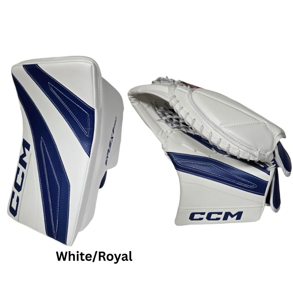 CCM Senior EFLEX 7 Pro Hockey Goalie Trapper+Blocker Set White/Royal