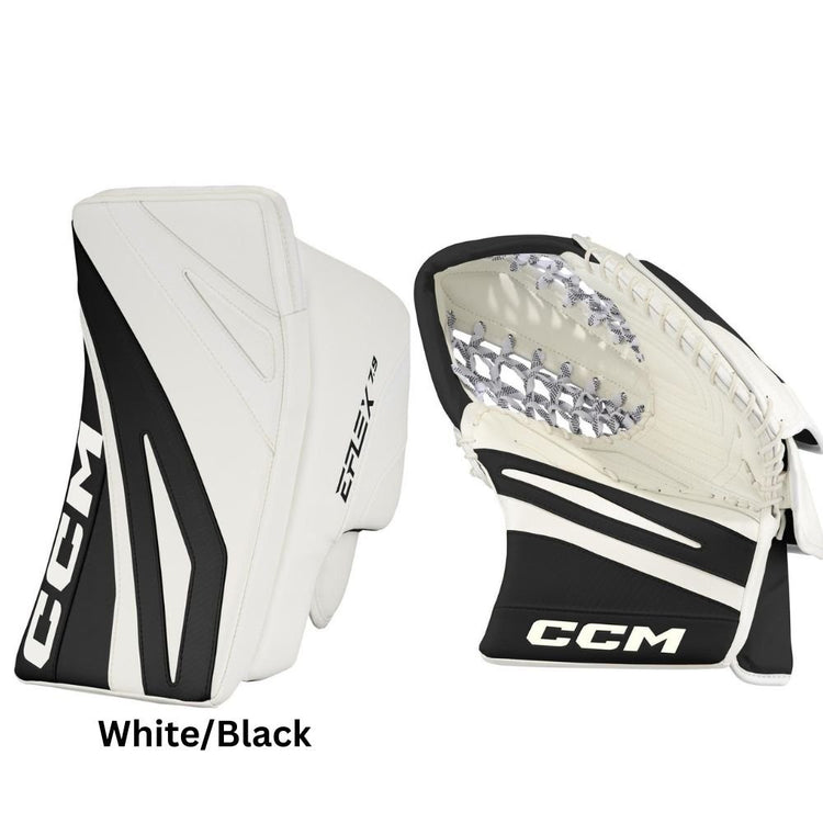 CCM Senior EFLEX E7.9 Hockey Goalie Trapper+Blocker Set White/Black