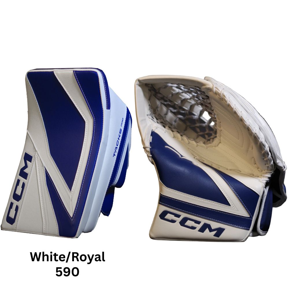 CCM Senior Tacks Pro Hockey Goalie Trapper+Blocker White Royal