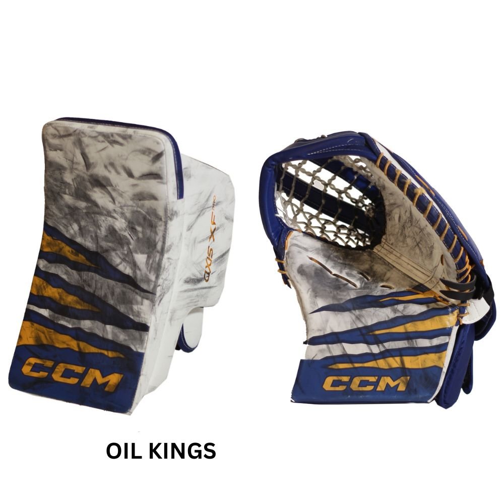 CCM Senior XF Pro ALL OUT Edmonton Oil Kings Hockey Goalie Trapper+Blocker White/Blue/Gold