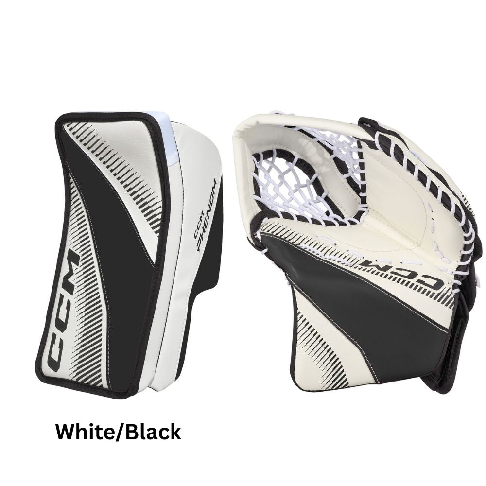 CCM Youth Phenom Hockey Goalie Trapper+Blocker Set White/Black