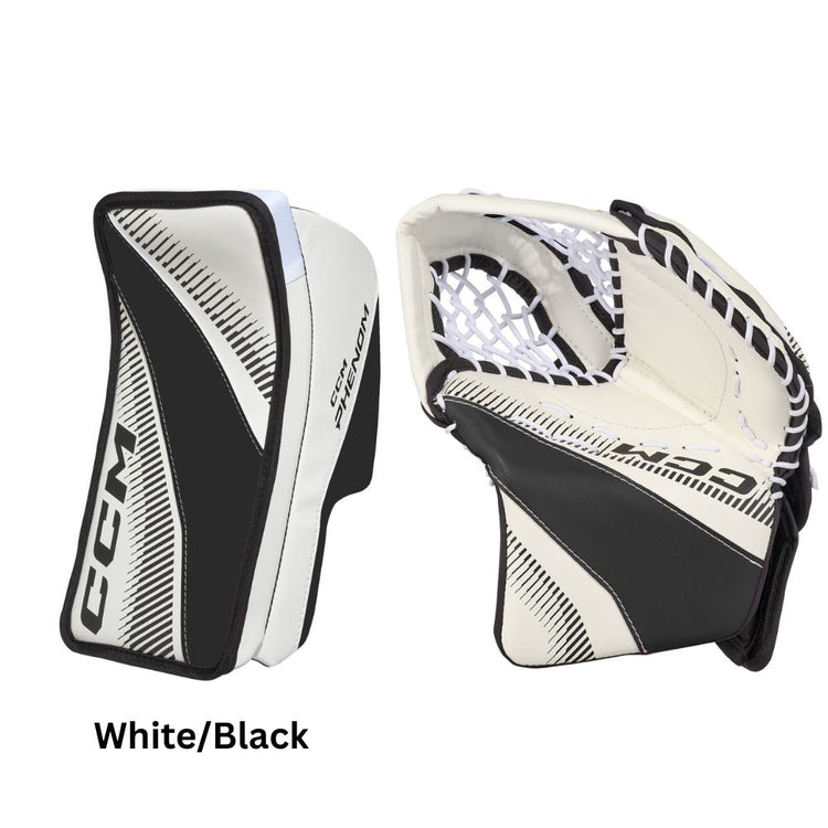 CCM Youth Phenom Hockey Goalie Trapper+Blocker Set White/Black