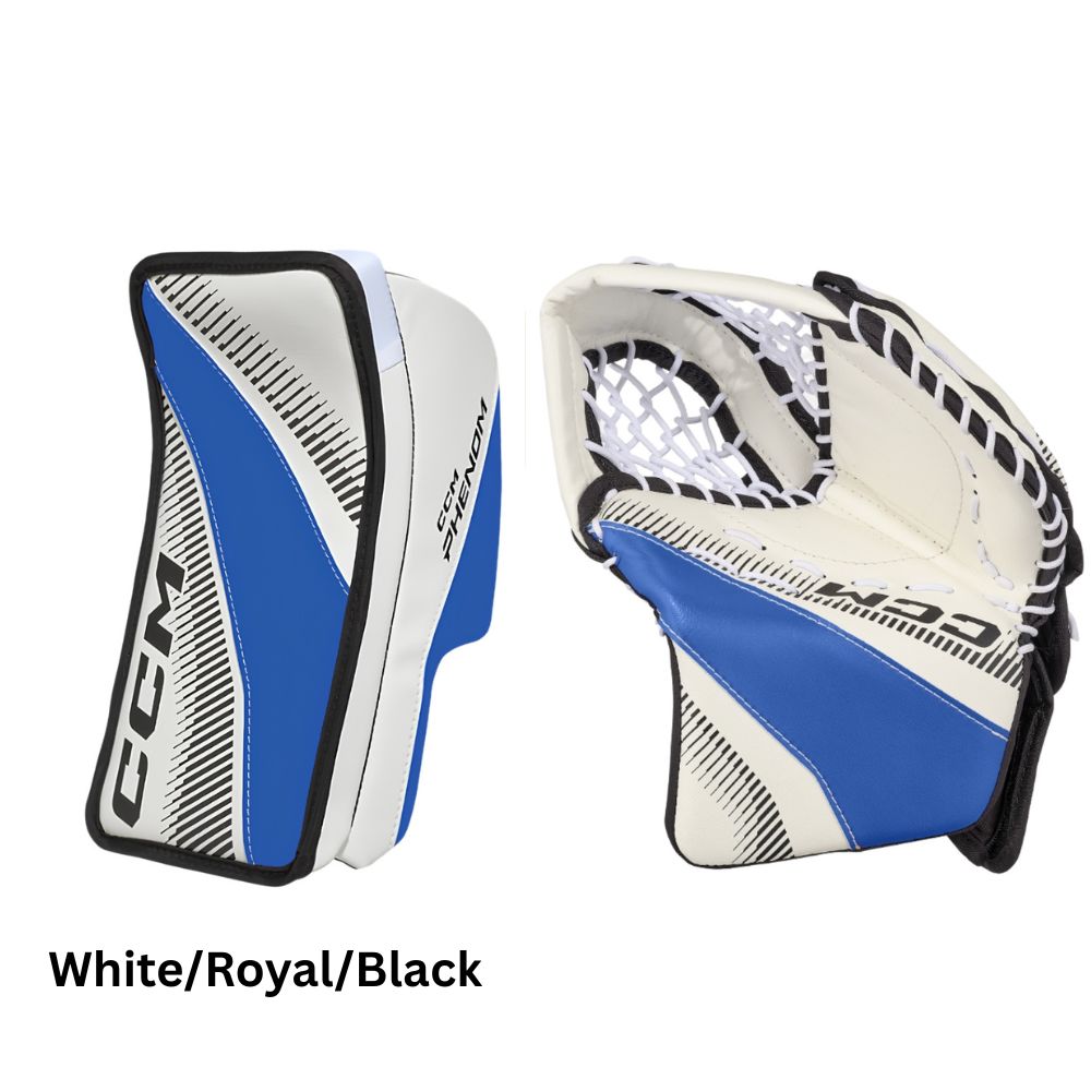CCM Youth Phenom Hockey Goalie Trapper+Blocker Set White/Royal/Black